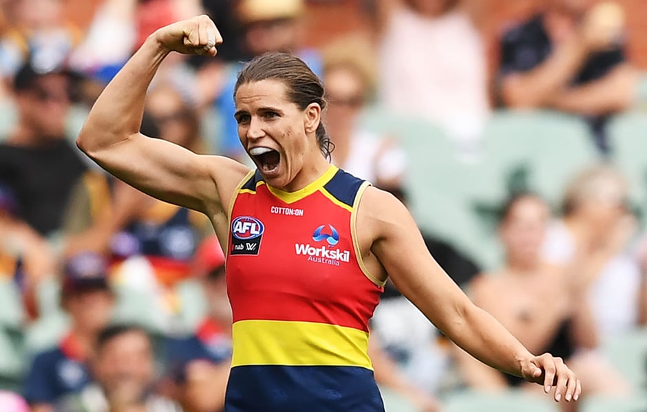 AFLW 2019 Second Preliminary Final - Adelaide v Geelong ADELAIDE, AUSTRALIA - MARCH 24: Chelsea Randall of the Adelaide Crows celebrates a goal during the AFLW Preliminary Final match between the Adelaide Crows and thew Geelong Cats at Adelaide Oval on March 24, 2019 in Adelaide, Australia. (Photo by Mark Brake/Getty Images)
